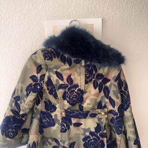 Banana Republic Blue Floral Trench Coat with Faux Fur Collar